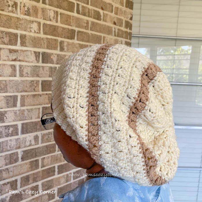 Crochet Criss Cross Slouchy Beanie on woman's head
