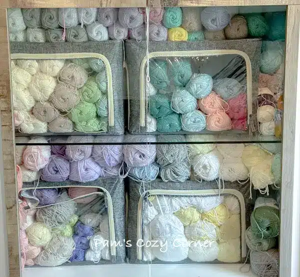 showing how to organize yarn on shelves