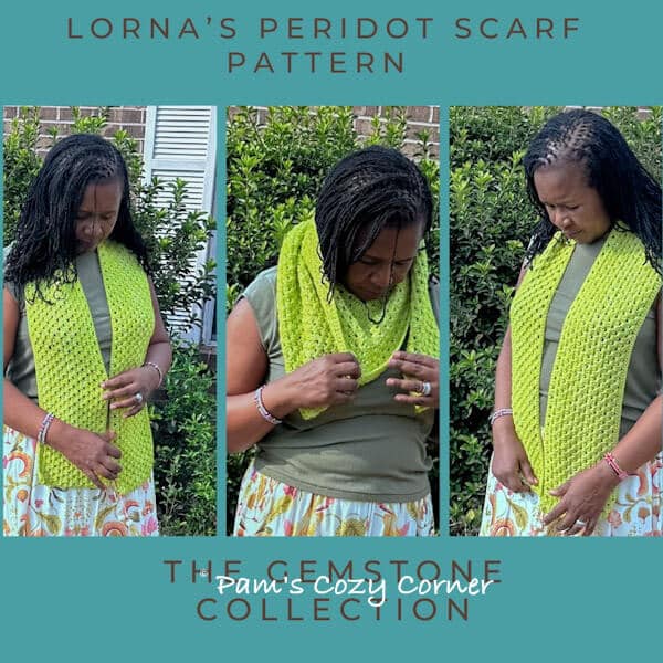 Granny Stitch Triangle Scarf - Lorna's Peridot 2 Three photos of a woman wearing a green scarf around her neck in different styles