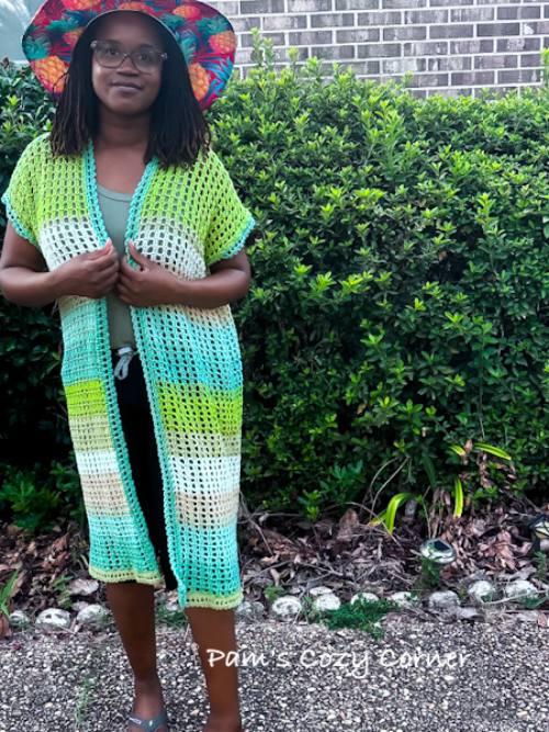 Beginner crochet cardigan project in progress on the go