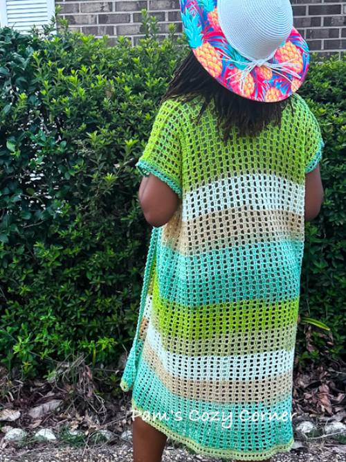 Beginner-friendly free crochet sleeveless cardigan pattern with flowy long fit