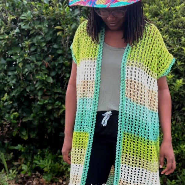 Free crochet sleeveless cardigan pattern – long lightweight Begonia cardigan made with Mandala yarn