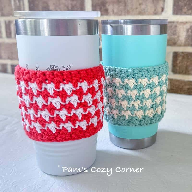 Easy Textured Crochet Cup Cozy Pattern 2 Reusable textured crochet cup sleeve made with Lily Sugar'n Cream cotton yarn, an easy crochet pattern for coffee and tea lovers.
