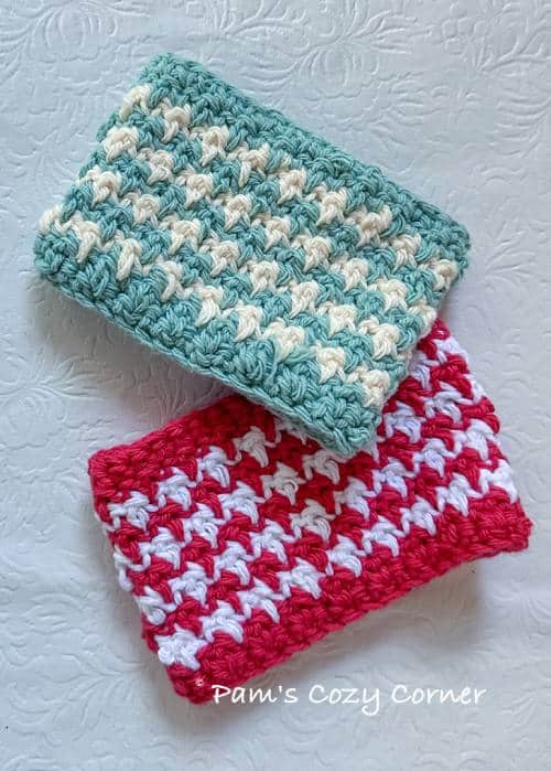 Easy Textured Crochet Cup Cozy Pattern 1 Easy crochet cup cozy featuring a textured stitch pattern and two-color design, made with Lily Sugar'n Cream cotton yarn.